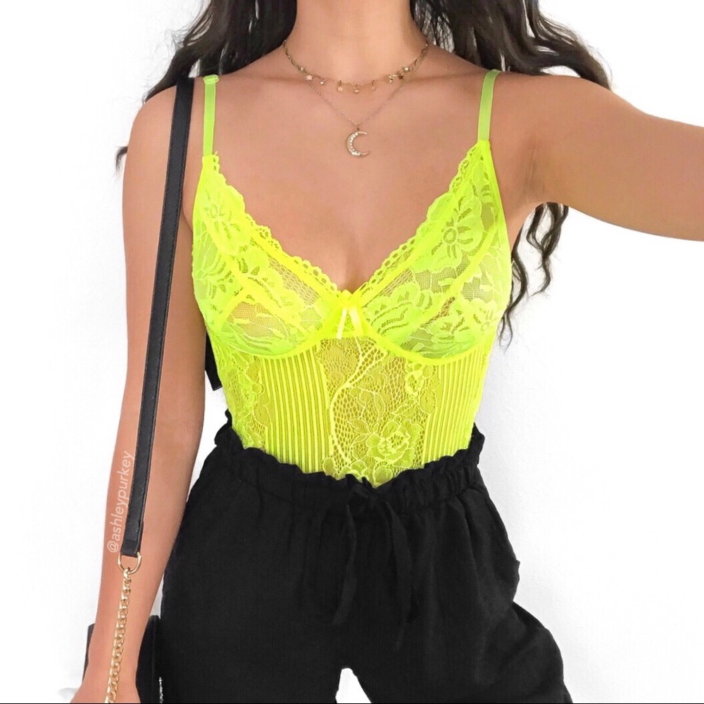 ❤️SALE❤️ Neon yellow green floral lace bodysuit